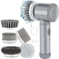 Electric cleaning brush with multiple attachments on a white background