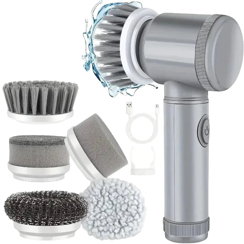 Electric cleaning brush with multiple attachments on a white background
